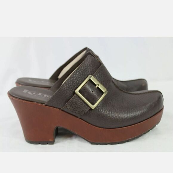 KORKS BY KORK EASE MANTHA US 9 M BROWN PEBBLE LEATHER PLATFORM HEEL CLOGS SHOES. - Picture 4 of 8